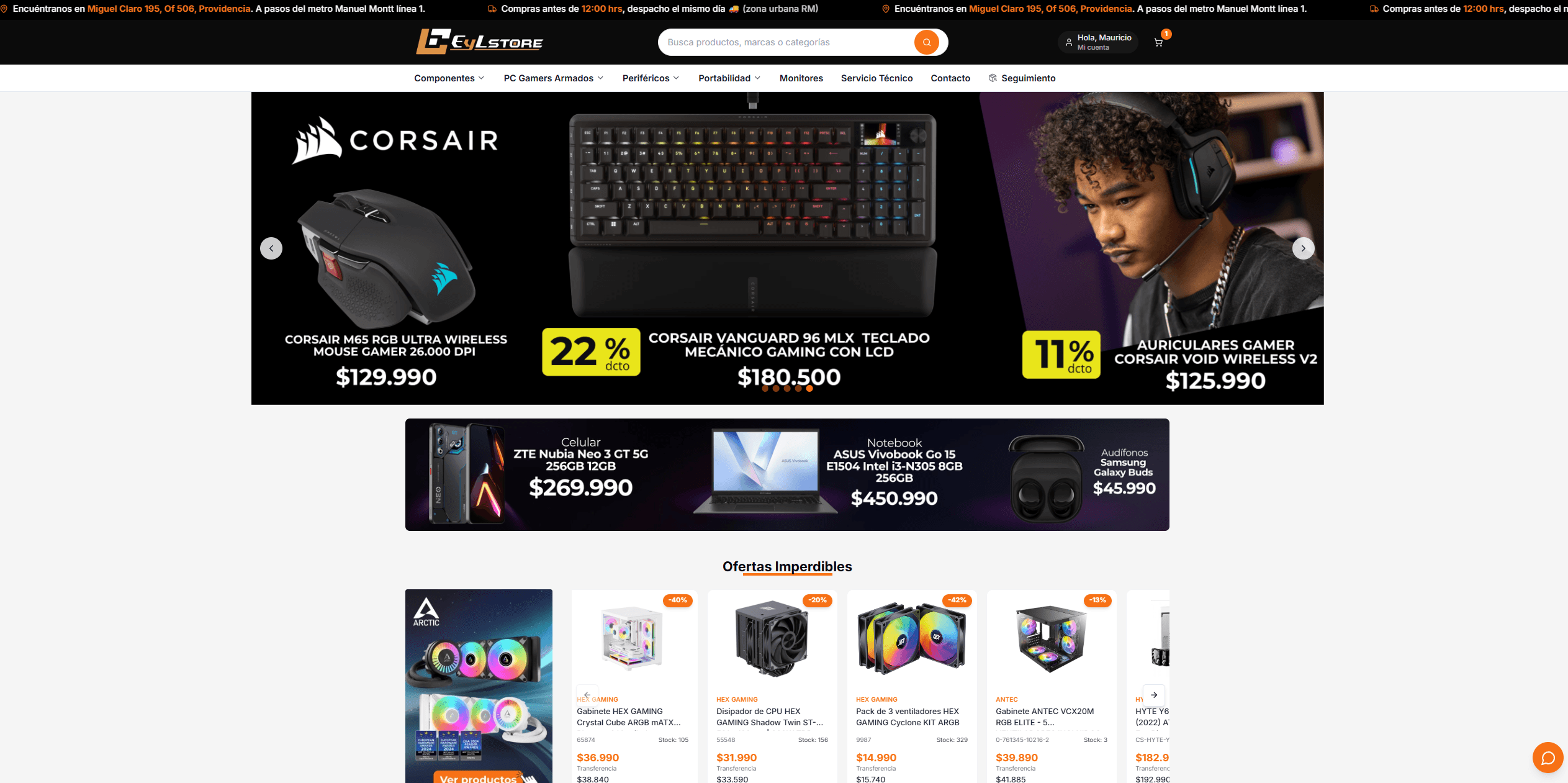 Home de EYL Store con productos Corsair y ofertas destacadas