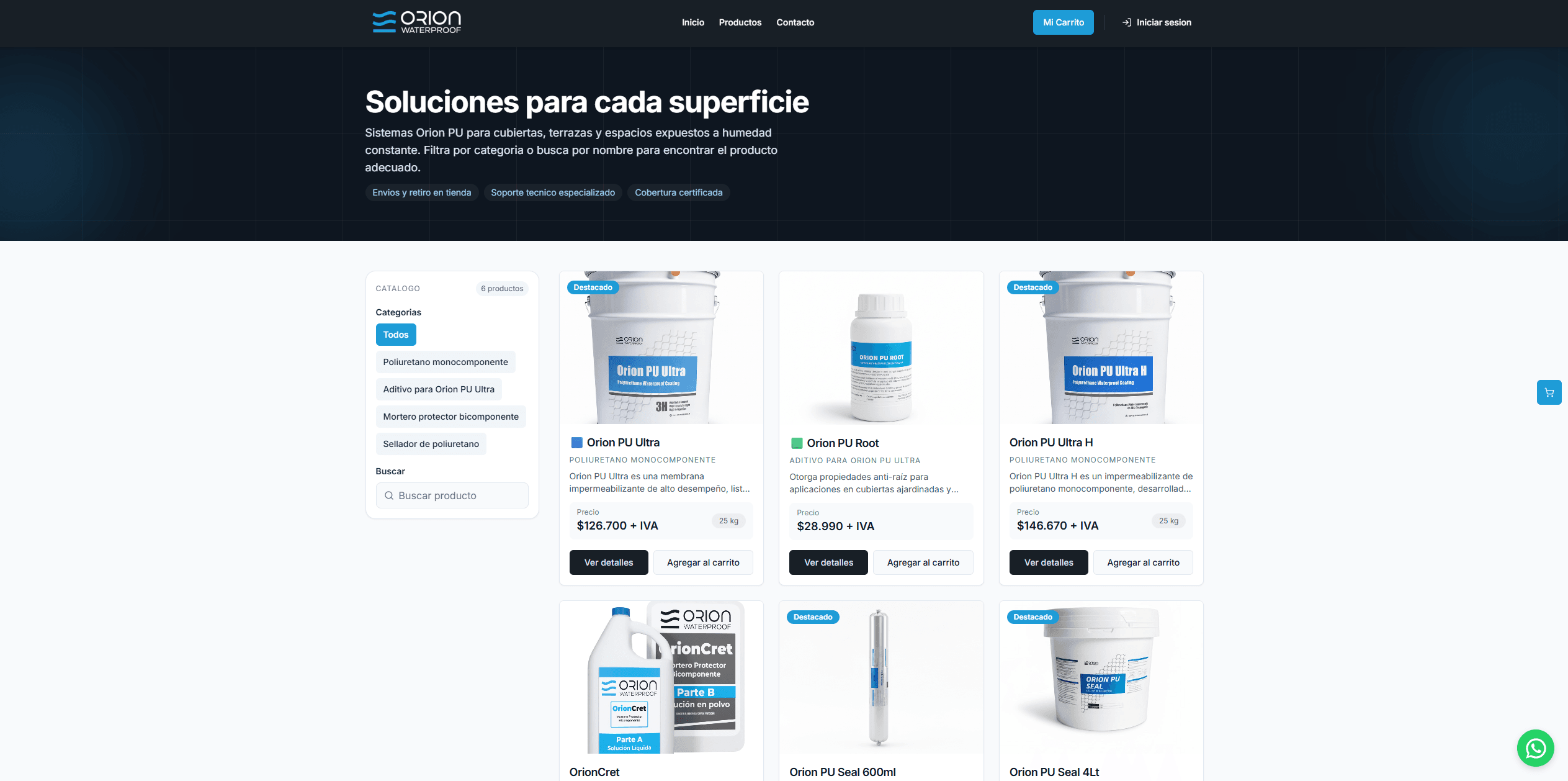 Catálogo de productos de Orion Waterproof con membranas y selladores PU