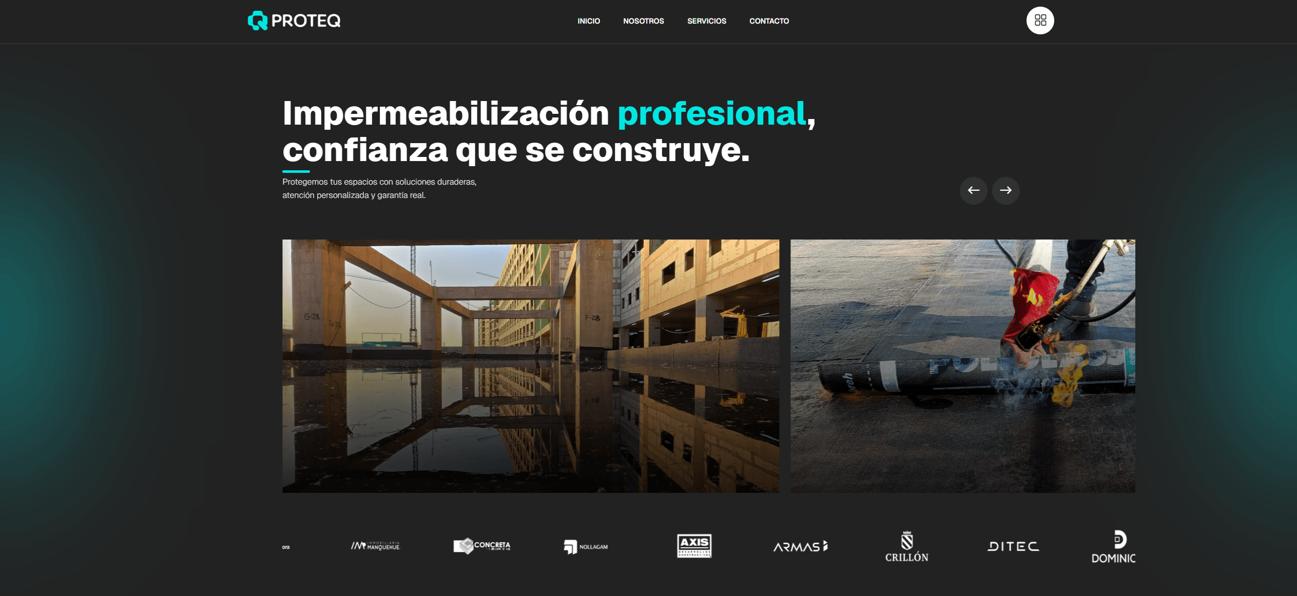 Hero del sitio de Proteq con galería de proyectos de impermeabilización