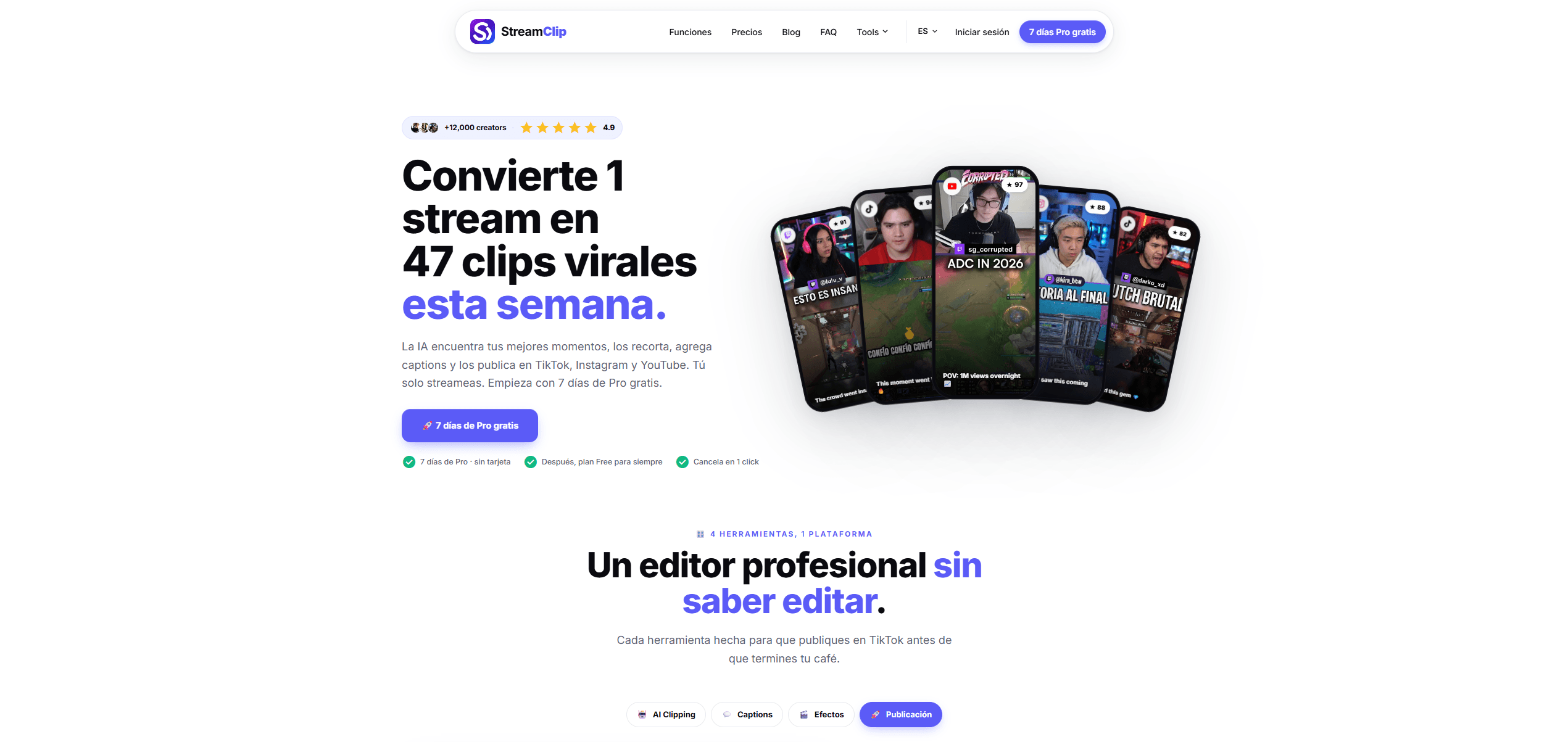 Landing de StreamClip con headline 'Convierte 1 stream en 47 clips virales' y mockup de iPhones